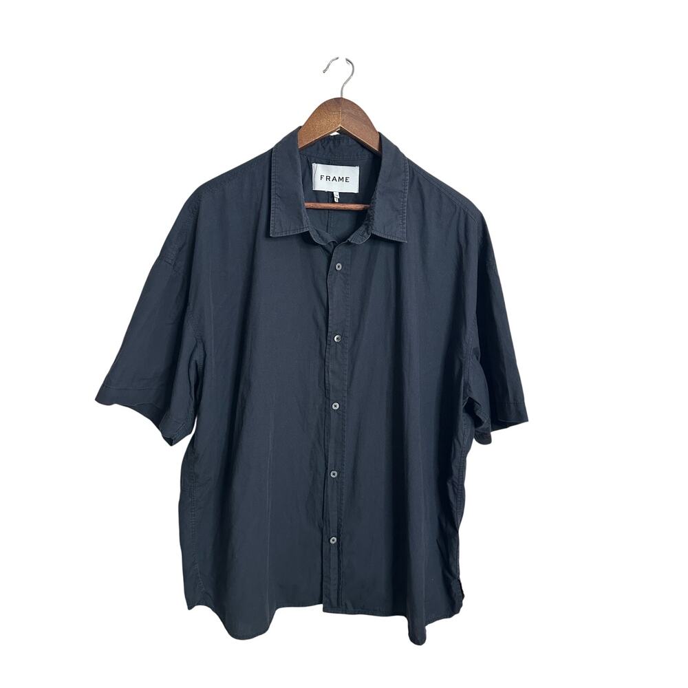 FRAME Cotton Silk Short Sleeve Button Front Shirt Black Oversized Relaxed Men L